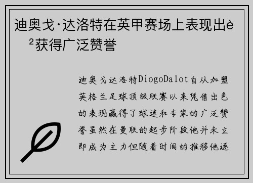 迪奥戈·达洛特在英甲赛场上表现出色获得广泛赞誉
