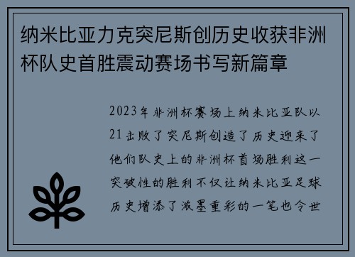 纳米比亚力克突尼斯创历史收获非洲杯队史首胜震动赛场书写新篇章