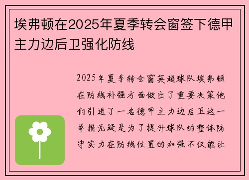 埃弗顿在2025年夏季转会窗签下德甲主力边后卫强化防线